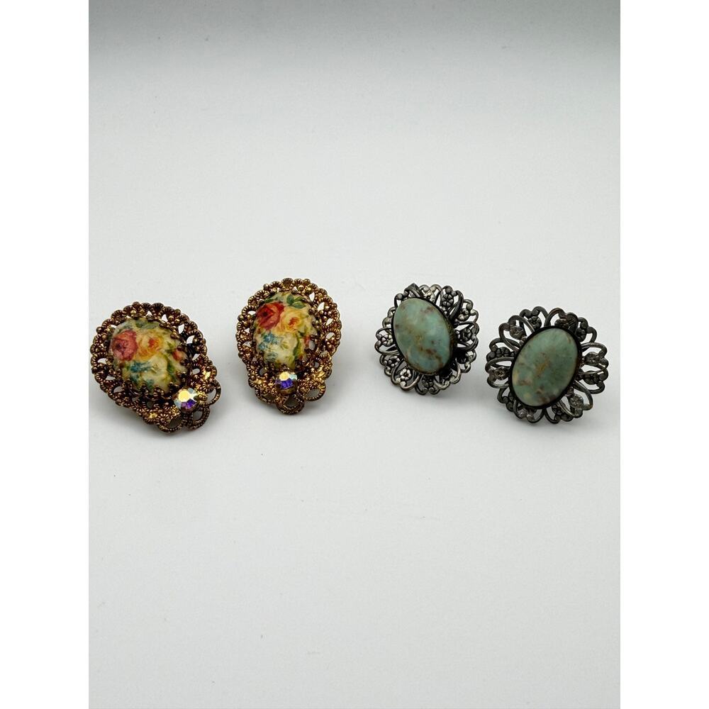 4 pc SET Vintage Clip On & Screw Back Earrings Floral Blue Stone Retro